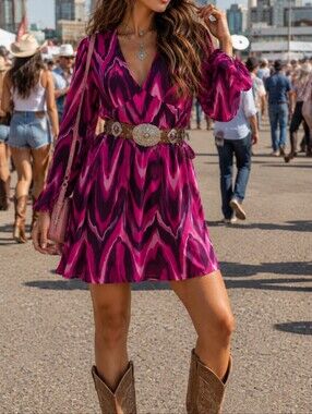 Glamorous Pink Purple Wave Print Mini Dress Y2K Psychedelic V-Neck Long Sleeve